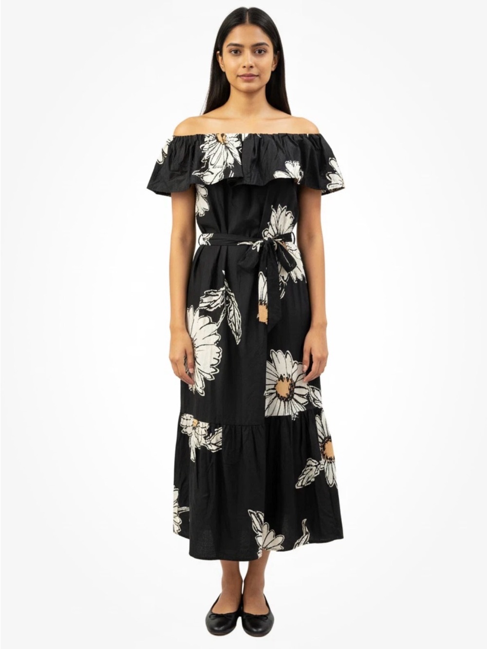 NWOT Desigual Black Daisy off shoulder cotton maxi dress with belt. Size MEDIUM